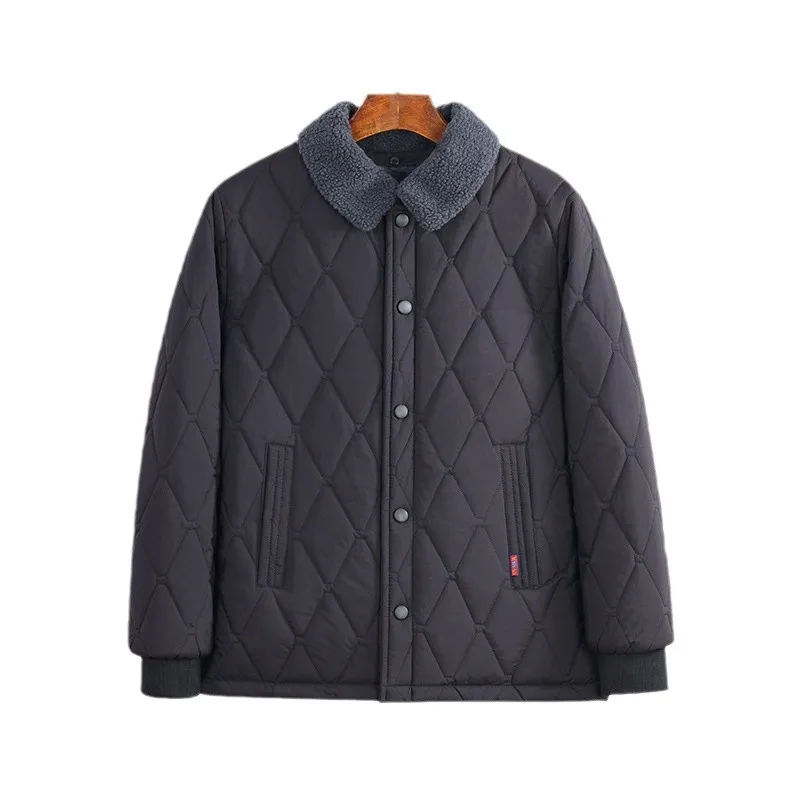 Autumn Winter Men Jacket Simple Solid Color Plaid Male Plush Coat Single-breasted Detachable Turn Down Collar Man Outerwear