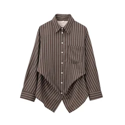 Autumn Blouses Woman Trendy Solid Stripe Turn-Down Collar Long Sleeve Buttons Single Breasted Female Street Shirts
