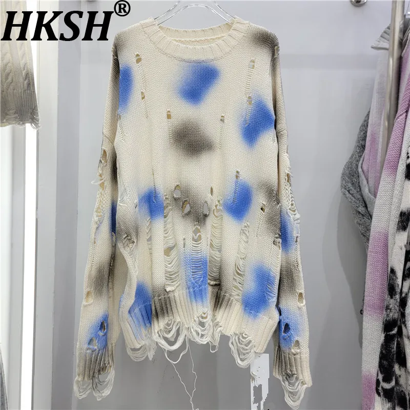 HKSH Women Sweater Stylish Design Ripped Hollow Out Korean Style Fashion Casual Tie-dye O-Neck Loose Pullover Autumn New HK26746