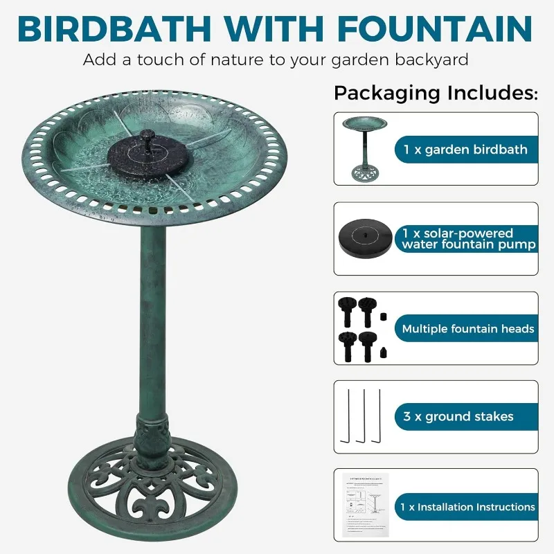 Bird Bath with Solar Fountain Set - Resin Bird Bath for Outdoors Garden Decor - Enhance Your Yard with Solar Fountain