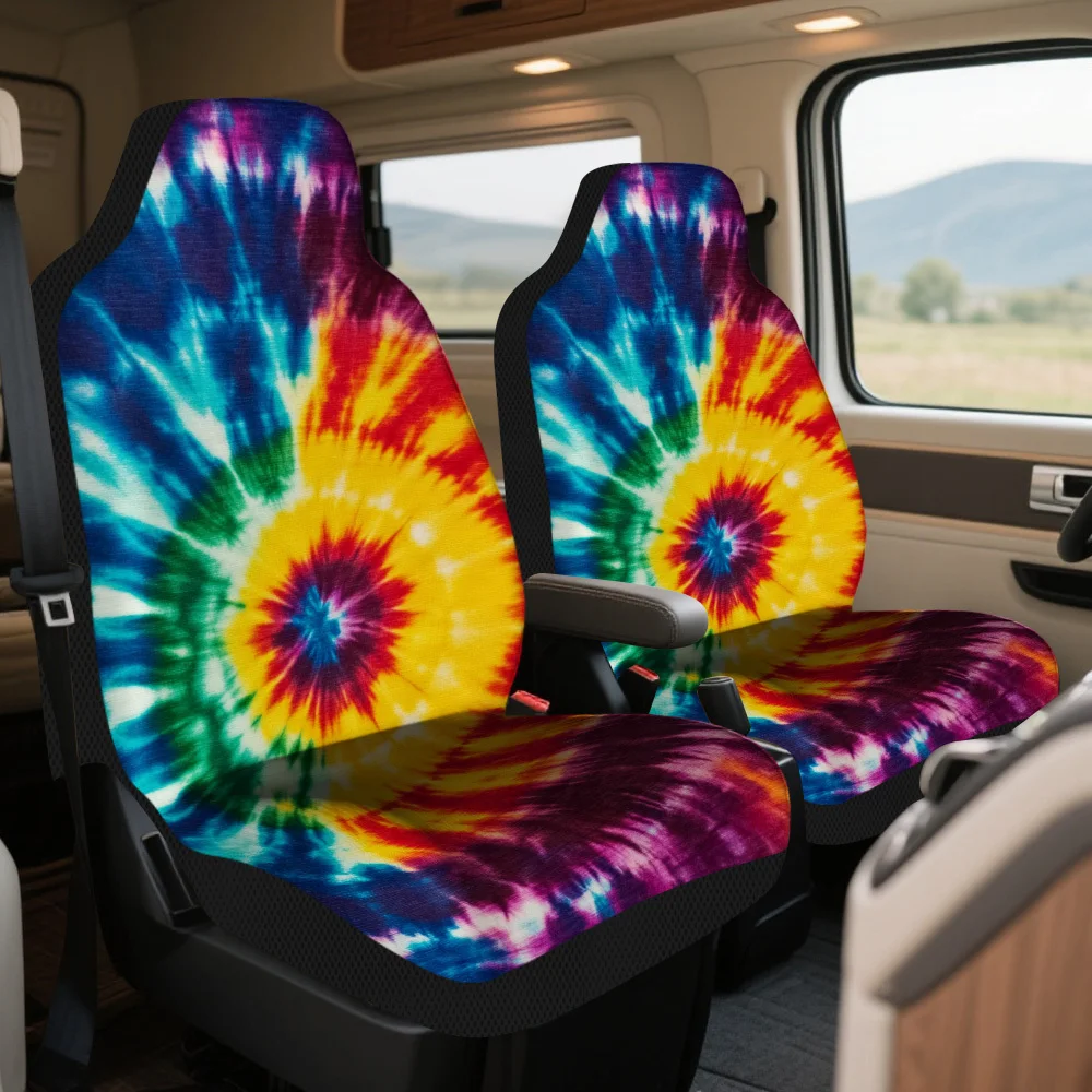 2pcs Rainbow Spiral Burst Print Seat Covers – Fit For Cars, Trucks, Vans, SUVs | Durable Seat Protectors | Easy To Install & W