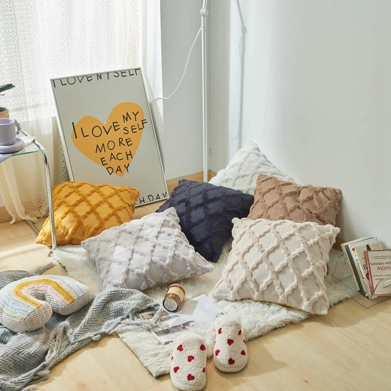 White Khkai Soft Plush Faux Wool Throw Pillow Covers Farmhouse Boho Decorative Couch Pillow Inserts for Sofa 30x50cm 45x45cm