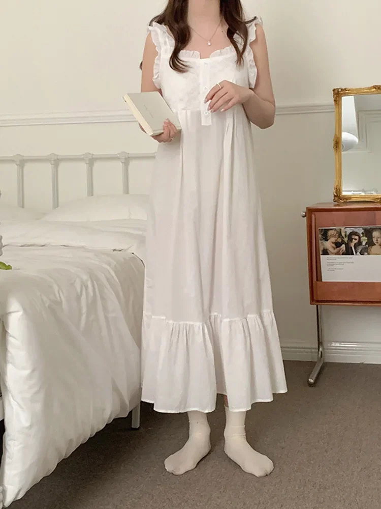 White Korean Summer Nightgown Women Sleeveless Square Collar Long Sleepwear Lace Crochet French Night Dress Elegant Sweet