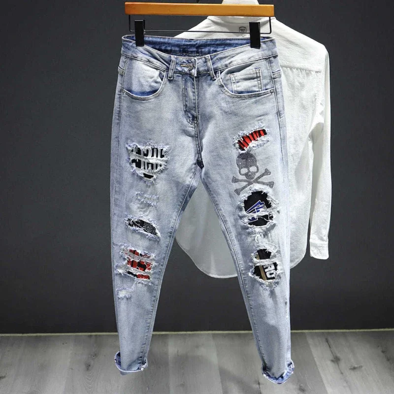 

Trousers Torn Goth Man Cowboy Pants With Crosses Men's Jeans Rhinestones Ripped Broken Hip Hop Holes 2024 Trend Grunge Y2k Xs