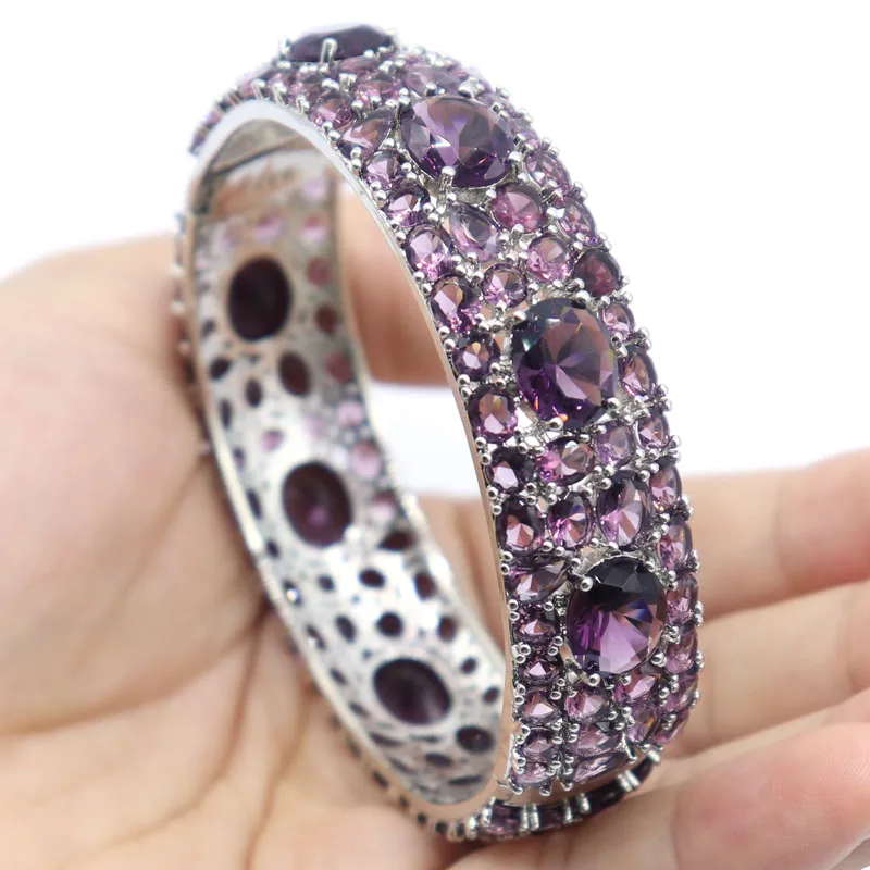 

75x17mm Beautiful 43g Tanzanite Green Tsavorite Garnet Purple Amethyst Woman's Wedding Silver Bangle Bracelet 7.5inch