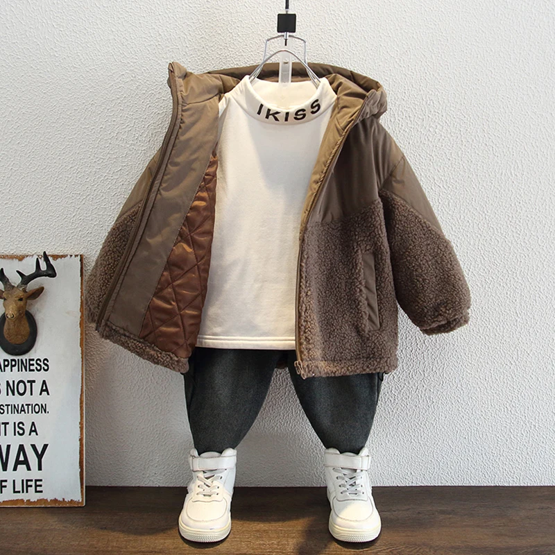 

Boys' Fce Lined Knitwear Jaet Autumn Winter New Sle Children's Cotton Clothes Trendy Hooded Waterproof Thiened Coat