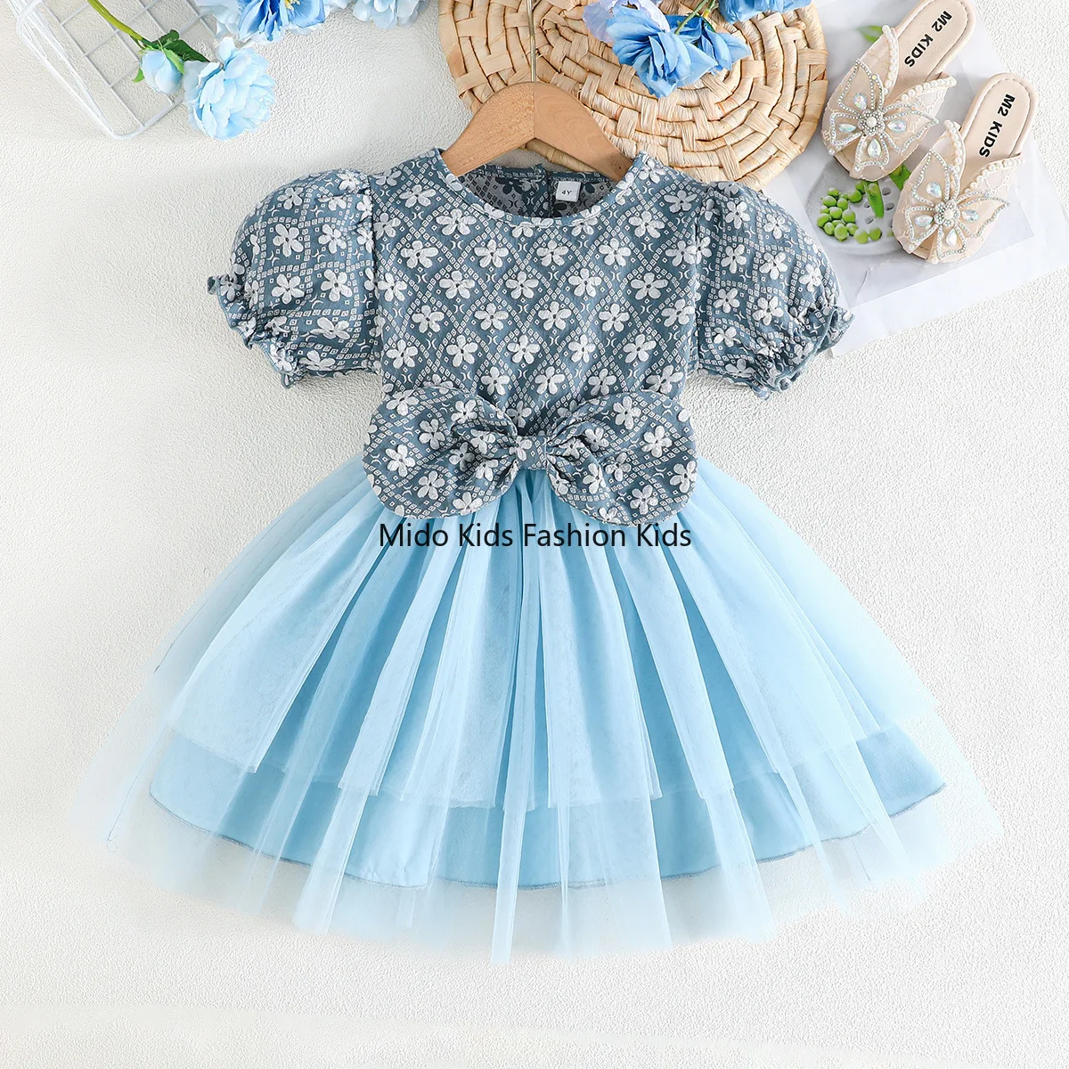 2026 Summer Toddler Girls Princess Dress, Short Sleeve Floral Jacquard Tulle Dress with Bowknot Fashion Kids Dress