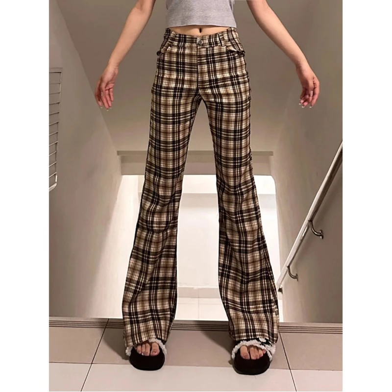 Retro Micro-flared Plaid Pants Women New Hot Style High Waisted Slim Casual Floor-Mopping Pants Trendy