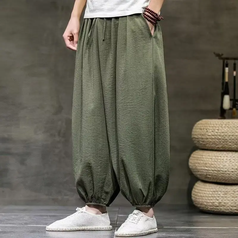 Linen Bloomers Trousers 2024 New Summer Men's Solid Color Elastic Mid Waist Drawstring High Street Loose Comfortable Pants