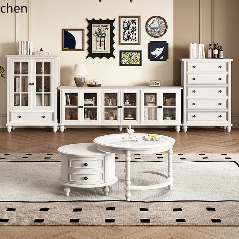 CZ Pure Solid Wood Ivory White Round Combination Coffee Table Living Room Coffee Desk