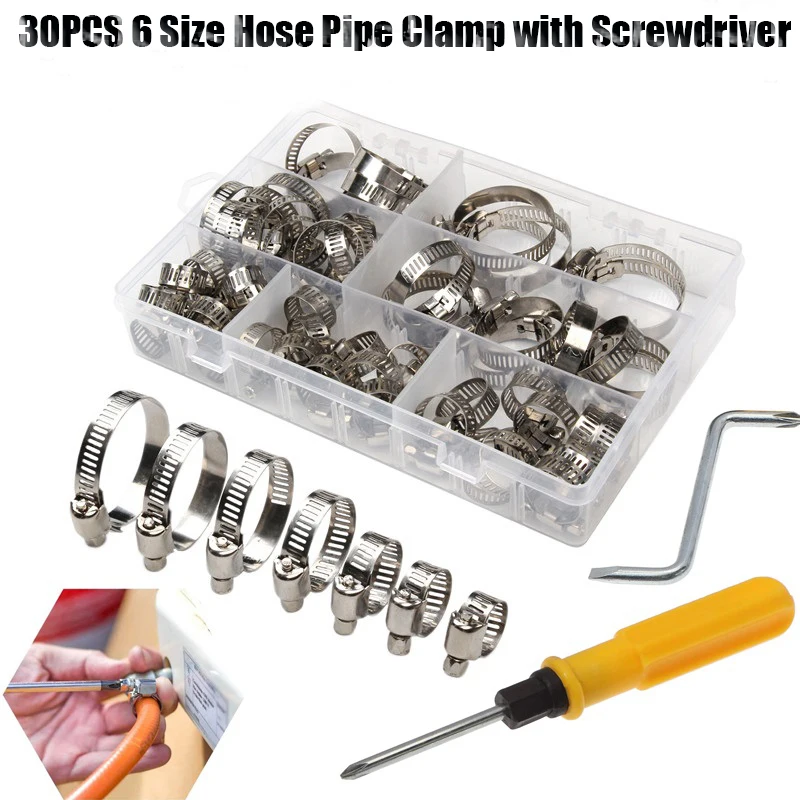

30pcs Adjustable Stainless Steel Drive Hose Clamps Fuel Line Worm Clips Hose Clamps Clips for Cooling System with Screwdriver