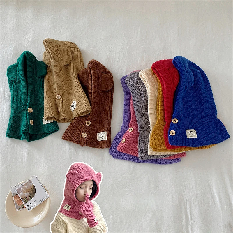 

Children Balaclava Cap Winter Warm One Piece Scarf Hat 3-12year Kids Hooded Beanies Baby Knitted Ear Protection Headgear Bonnet