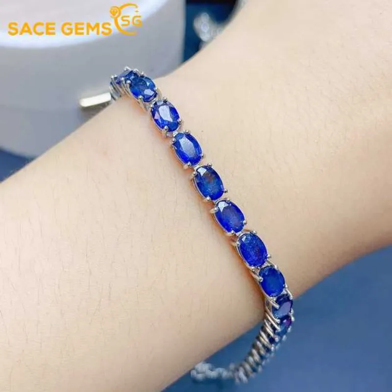 

SACE GEMS New 925 Sterling Silver Certified 4*6MM Natual Sapphire Bracelrts for Women Engagement Cocktail Party Fine Jewelry