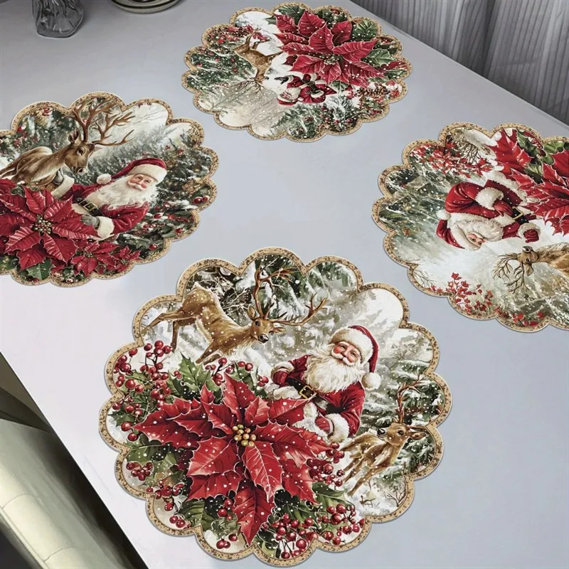 VIKAMA Linen Round Placemats, Vintage Santa Poinsettia Design, Washable Stain Resistant Easy Clean, Retro Holiday Table
