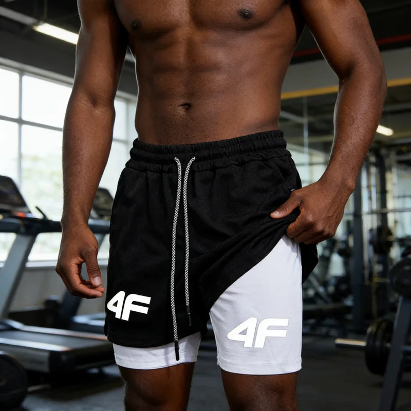 

Новые мужские повседневные спортивные быстросохнущие шорты, двухслойные, 2-в-1, для фитнеса, бега, дышащие, с карманами
