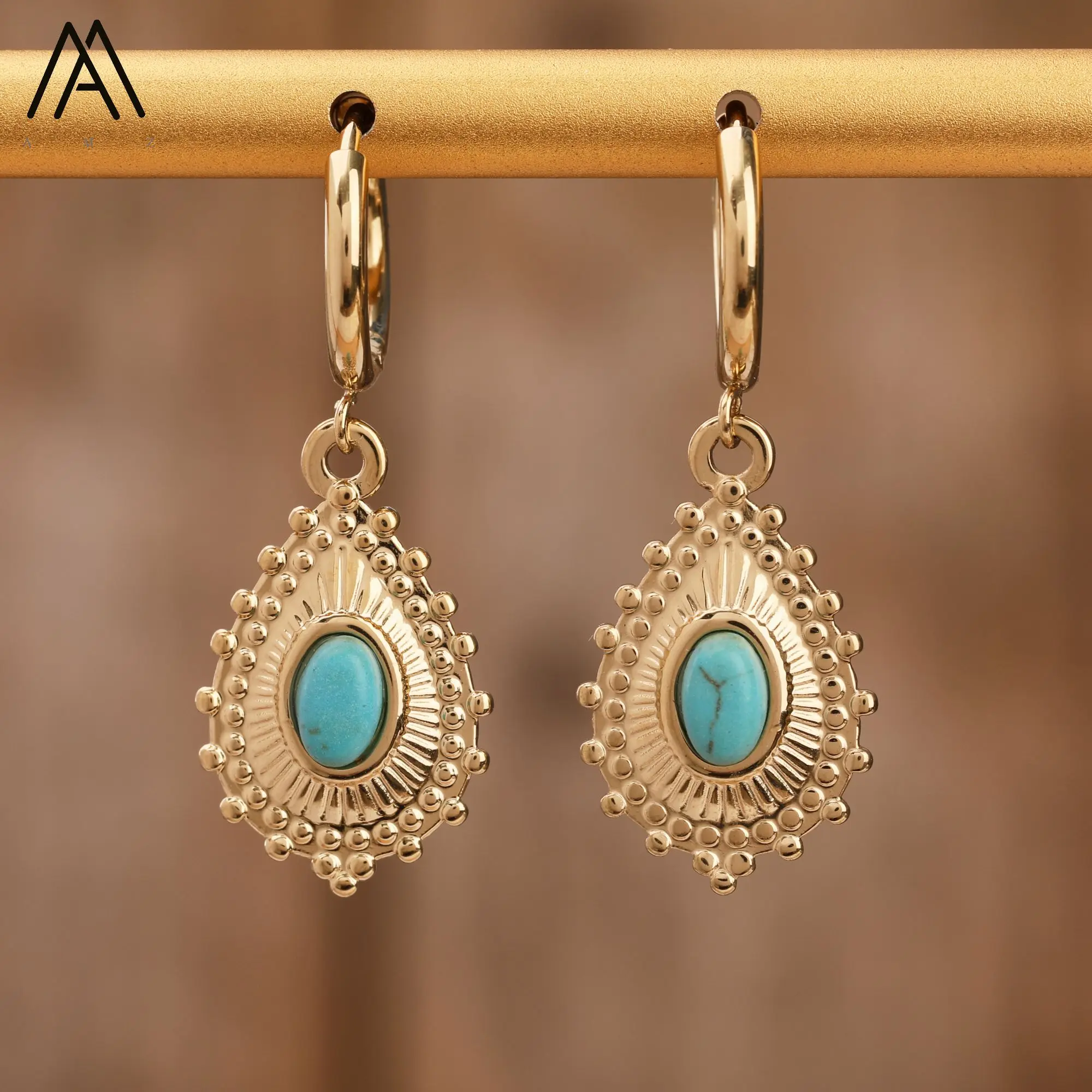 Bohemia Punk Earrings for Women Vintage Healing Stone Turquoise Stainless Steel Jewelry Ear Stud