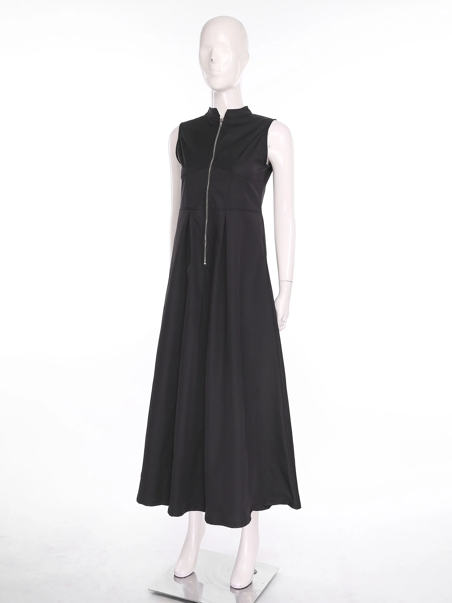 Stilvolles Sommer-Maxikleid für Damen mit Reißverschluss vorne, Stehkragen, ärmellos, hohe Taille, Party, Alltag, Freizeitkleider für Damen