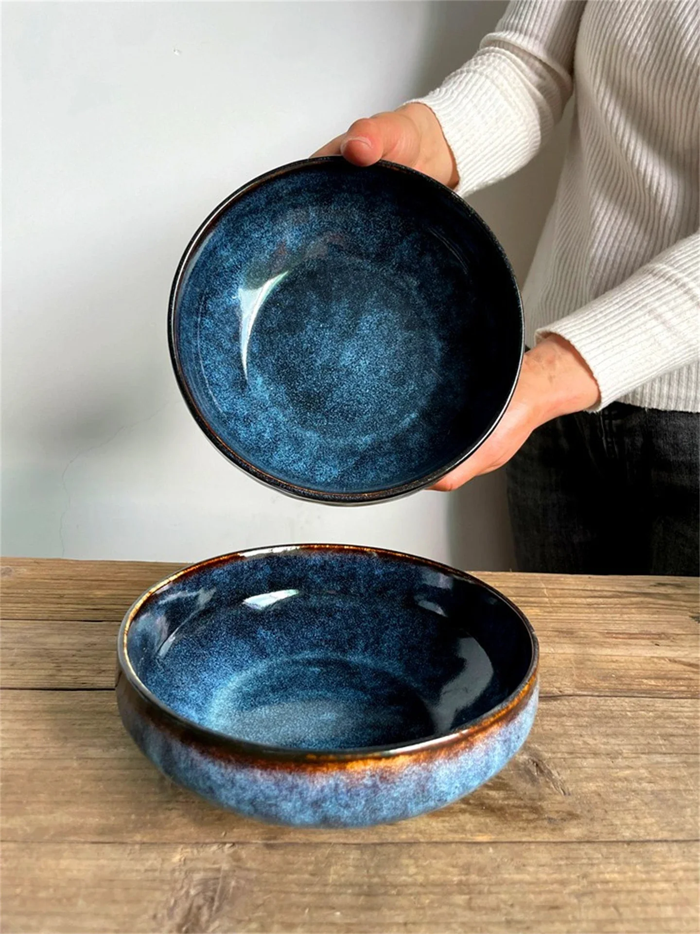 Retro European Ceramic Bowl Thick Blue round Salad Soup Bowl Dining Utensils Home Instant Noodles Restaurant Glazed under Color