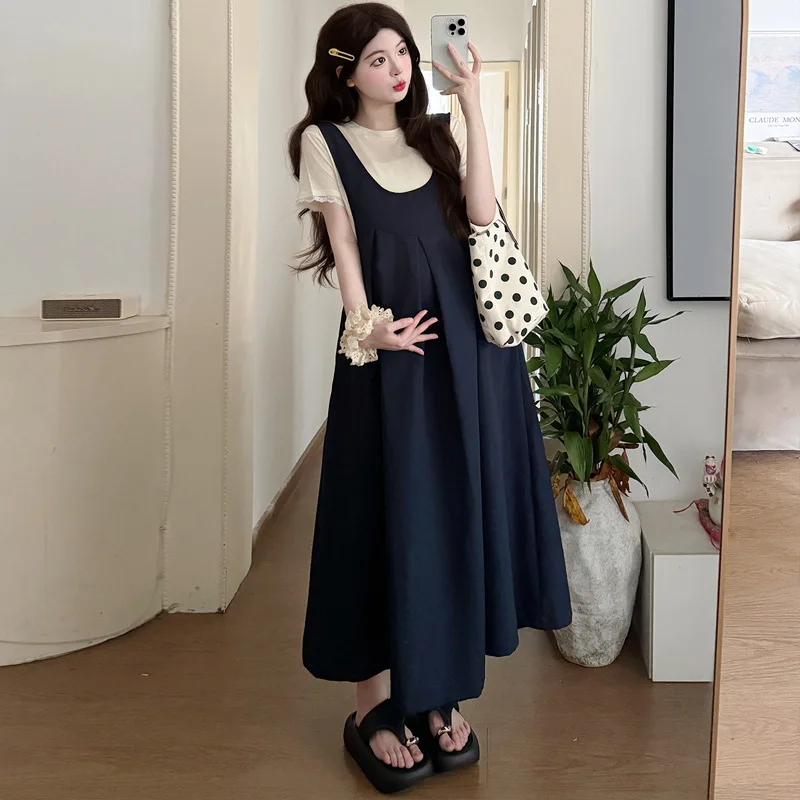 Maternity Set Summer 2026 French Style Elegant Temperament Simple Versatile Loose Short Sleeve Top And Strap Dress Two Piece Set