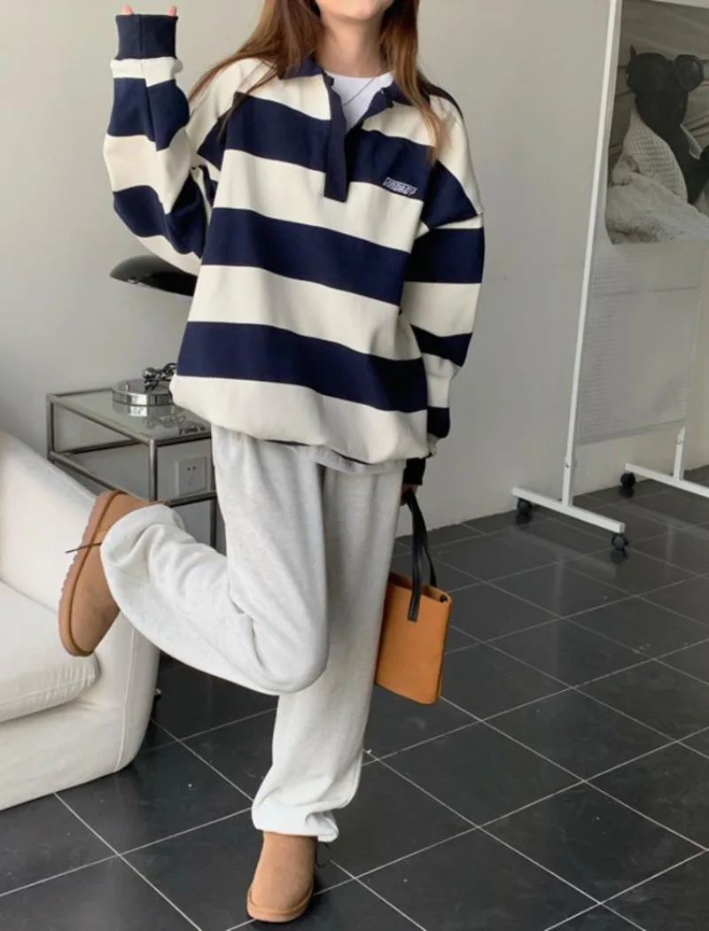 Vintage Women Striped Sweatshirts Korean Style Harajuku Preppy Casual Female V Neck Polo Pullovers Streetwear Loose Kpop Tops