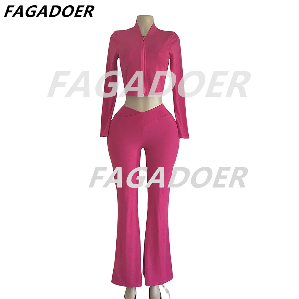 FAGADOER Autumn Winter 2 Piece Sets Women Outfit Solid Zip Crop Top And High Waist Stretchy Flare Pants Fashion Suits Streetwear