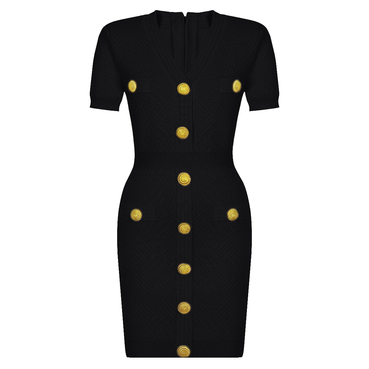 

High Quality Elastic Knitted New Fashionable Plaid V-neck Conch Button Short Sleeved Slim Fit Temperament Short Women's Dress