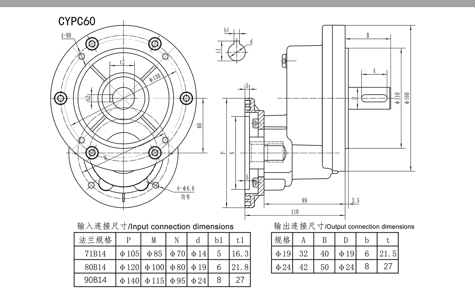 CHENYUE Worm Gearbox CYPC60 Gear Reducer Input 14/19/24mm Flange71B14/80B14/90B14  Output 19/24mm Ratio 2:1-5:1
