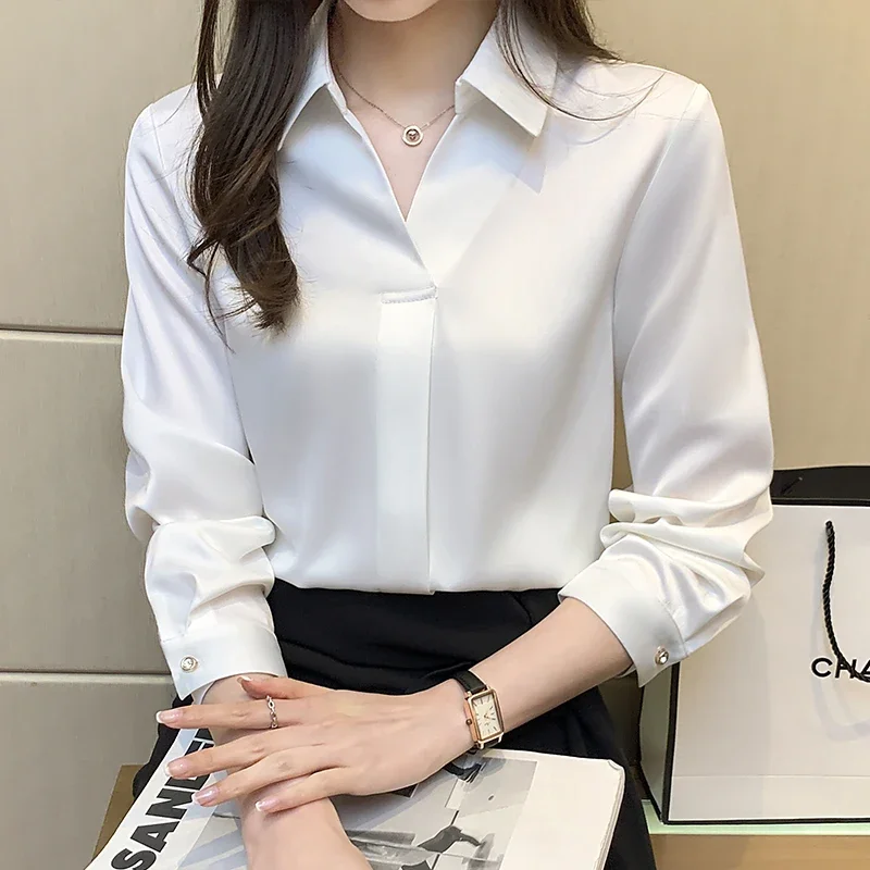 2024 Autumn Simple and Elegant Blue Shirt for Slimming Long Sleeves Turn Down Collar Chiffon Blouse Shirt Women Tops Traf C05