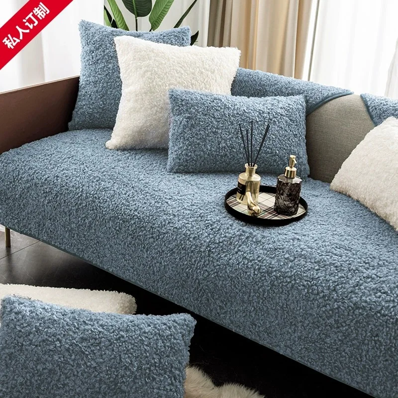 Winter Teddy Fleece Sofa Cushion Cover Non-Slip Thickened Universal Fit Luxury Style Full Coverage Leather Sofa Protector