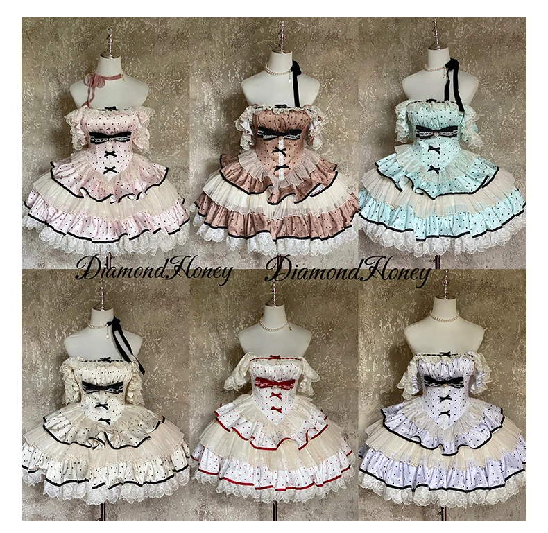 

Sweetheart Polka Dot Print Bow Strapless High Waist Slim JSK Puff Dress Birthday Evening Dresses Elegant Cute Princess Dress