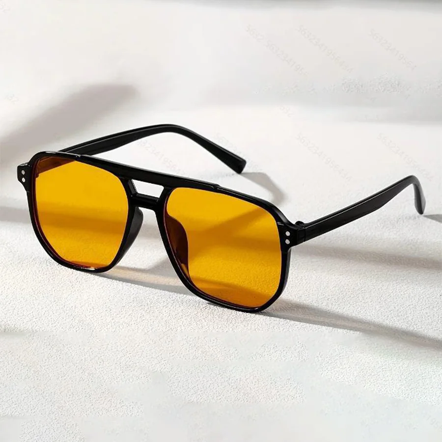 Retro Double Bridge Sunglasses with Amber Lenses – Black Frame, UV400 Protection, Unisex Vintage Style Eyewear for Daily Wear &