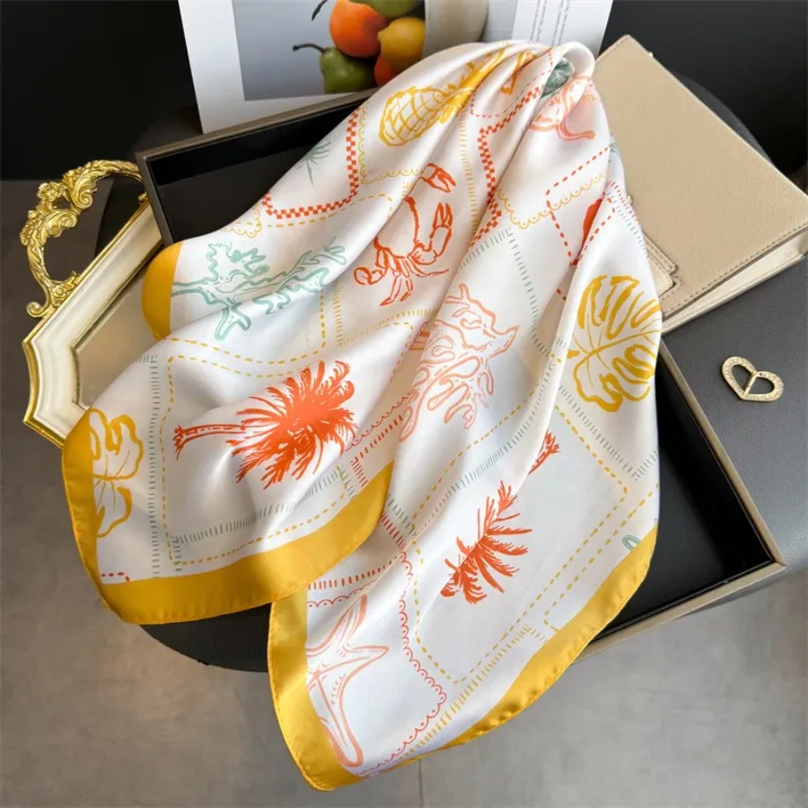 Blue Print Silk Square Scarf Women Luxury Soft Satin Shawl Hijab Neckerchief Female Hair Ribbon Headband Fashion Wrap Bandana view 6