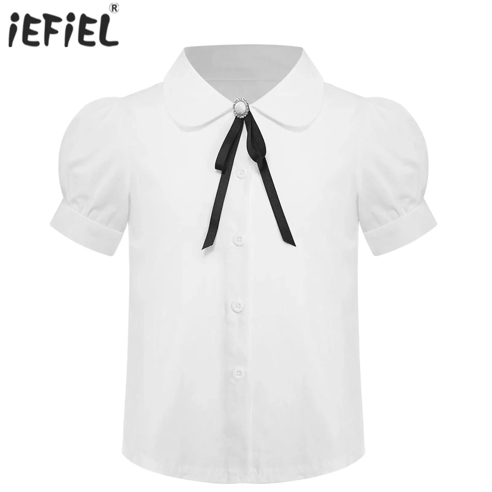 White Kids School Girls Fashion Shirt Cute Short Sleeve Shirt Casual Solid Color Turn-Down Collar Bowknot Blouse Button Tops