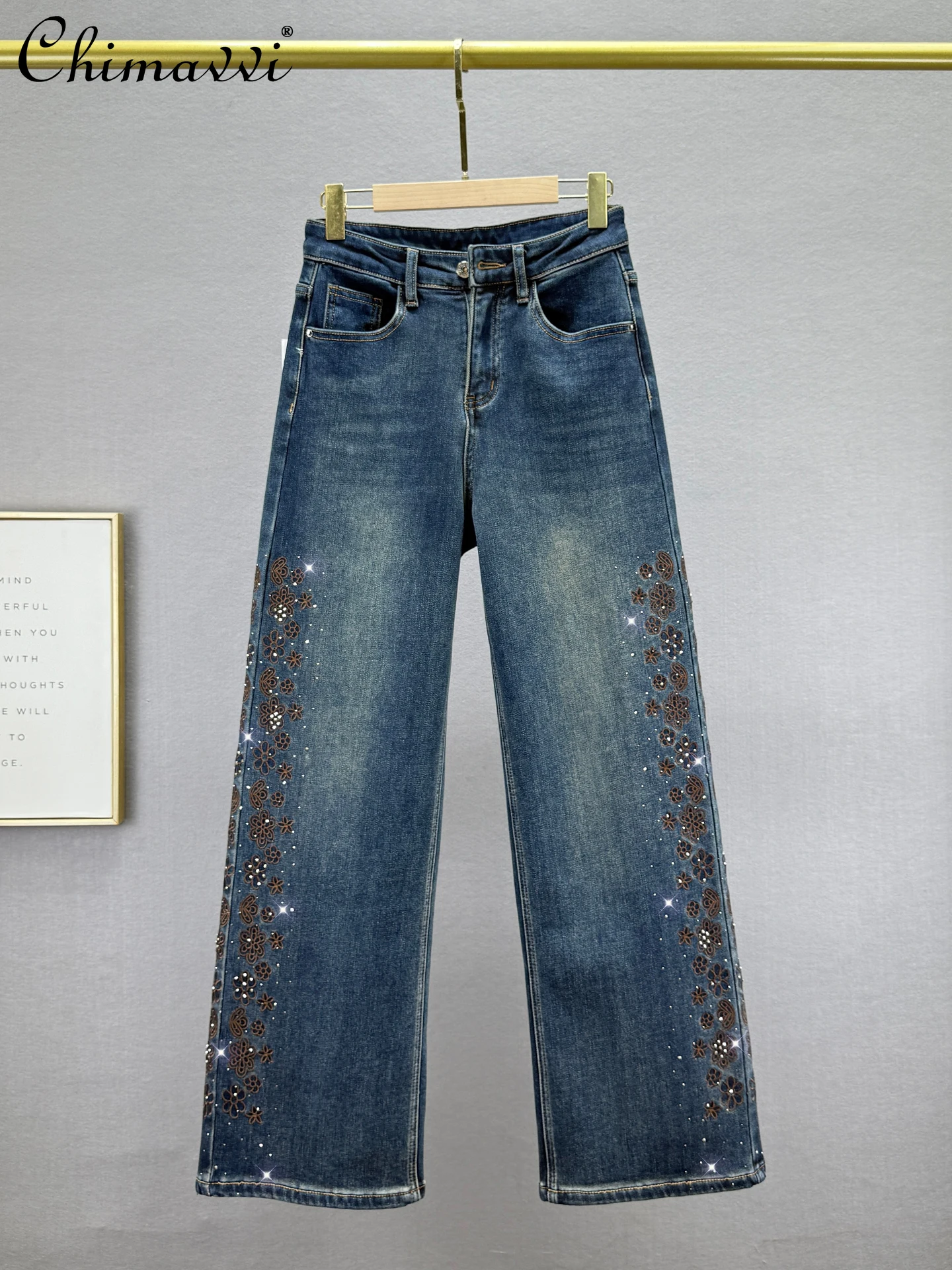 

Fashion Fleece-Lined Straight-Leg Jeans Women Winter New High-Waisted Loose Slim Retro Embroidered Rhinestone Floor-Length Pants