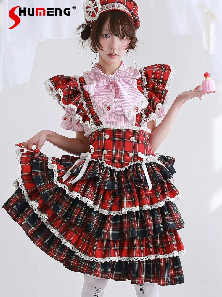 

Original Japanese Style Vintage Red Strap Skirts Spring and Summer Kawaii Girl's Lolita Puff Skirt Women's Lo Short Sleeve Shirt