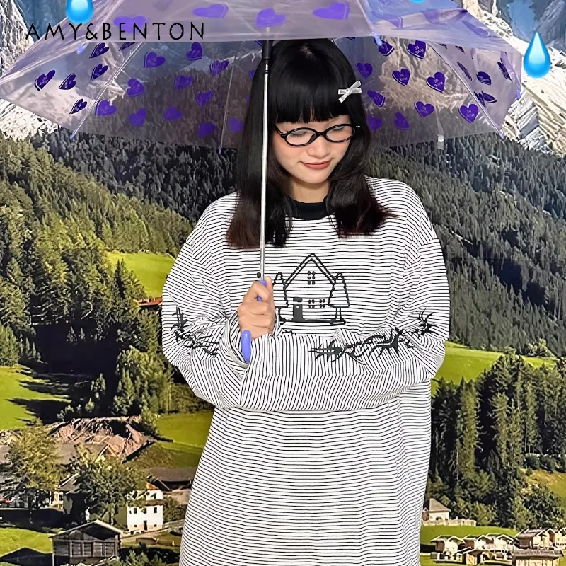 

Женская футболка оверсайз с длинным рукавом в черно-белую полоску, оригинальный ретро-дизайн, универсальная модель, весна 2026, новинка