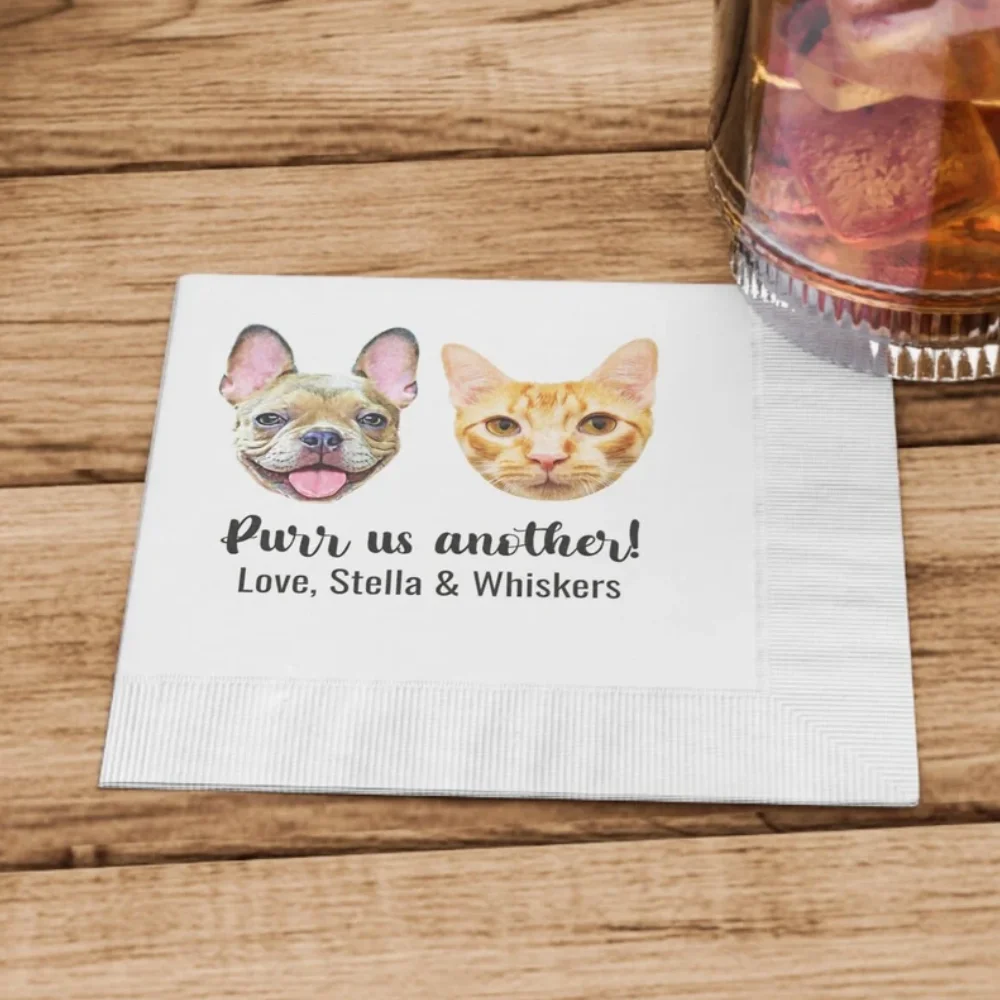 50Pcs Custom Pet Cocktail Napkins • Personalized Dog Wedding Napkins • Bridal Shower • Rehearsal Dinner • Cat Napkins Colored •