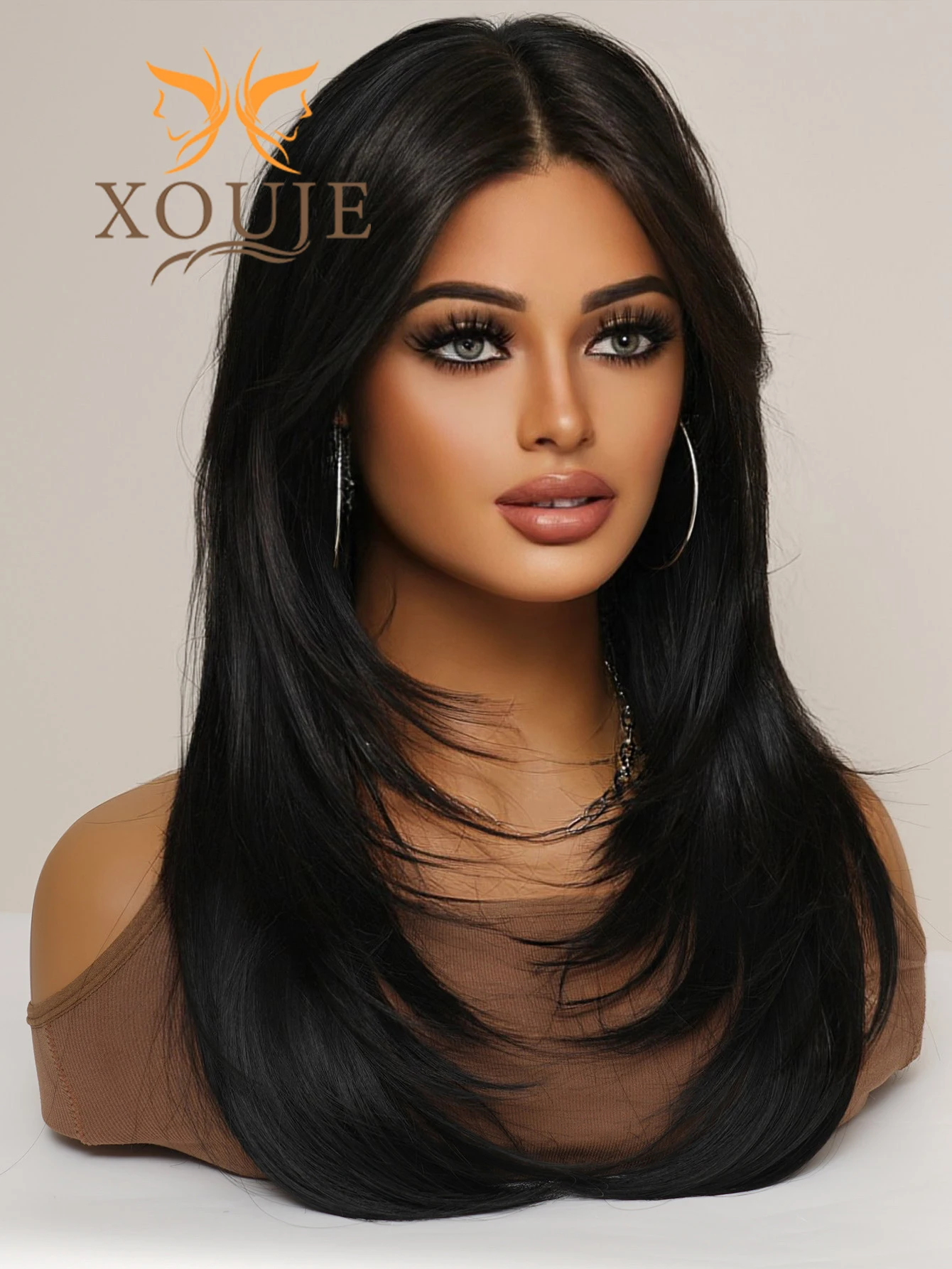 Glamor Chemical Fiber Heat Resistant Wig Long Straight Hair Layered Wig Natural Black 26 Inch Wig With Bangs, Daily Women\'s Part