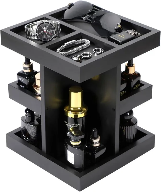 Organizador de colonia para hombres, soporte de colonia, estante de perfume de madera de gran capacidad de 3 niveles con rotación, organizador de escritorio y mesita de noche (negro)