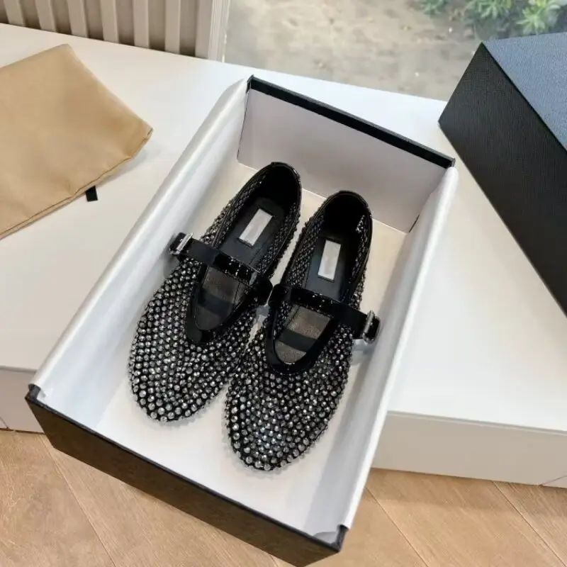 

French Designer Brand Original Hollowed Out Breathable Fishing Net Diamond Ballet Mary Jane Women's French Flat Sandals