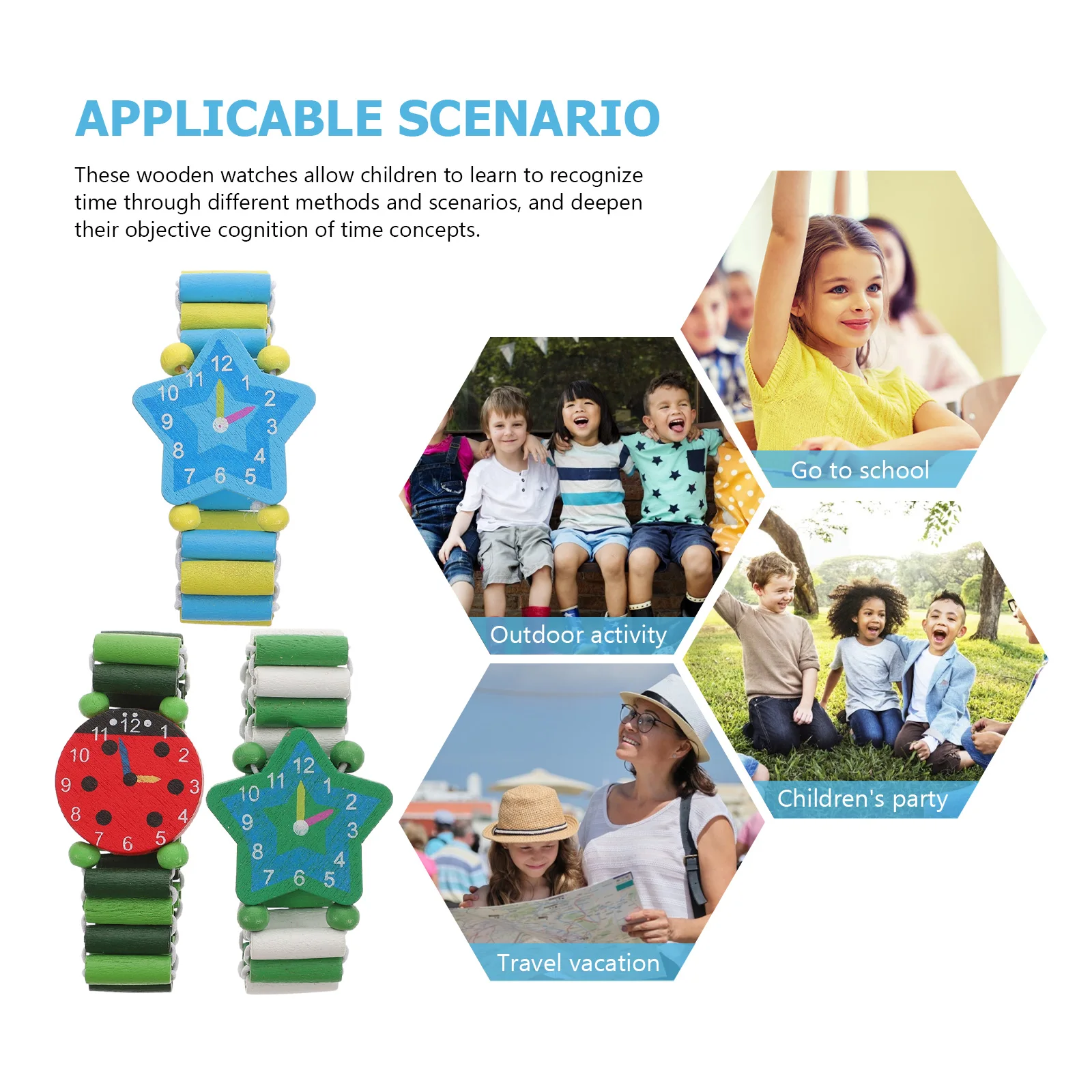 5pcs Children'S Colorful Bracelet Cartoon Watches Wooden Simulated Learning Educational Gift Bright Attractive Design Safe