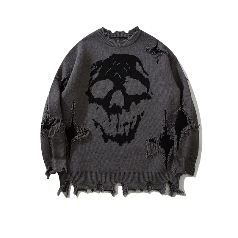 2025 New Autumn Product Knitted Shirt  Skull Hip-Hop Style Hole Denim Shirt for European Men  High-Quality Hole-Embossed Sweater