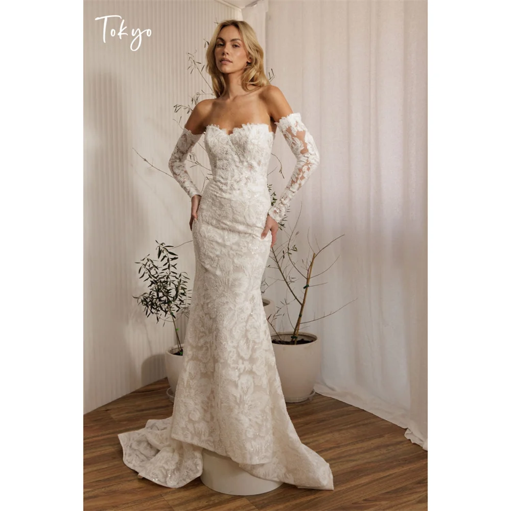 Tokyo Off Shoulder Floral Lace Mermaid Wedding Dress Corset Bridal Gown Detachable Sleeve Beach Garden Wedding Reception Party