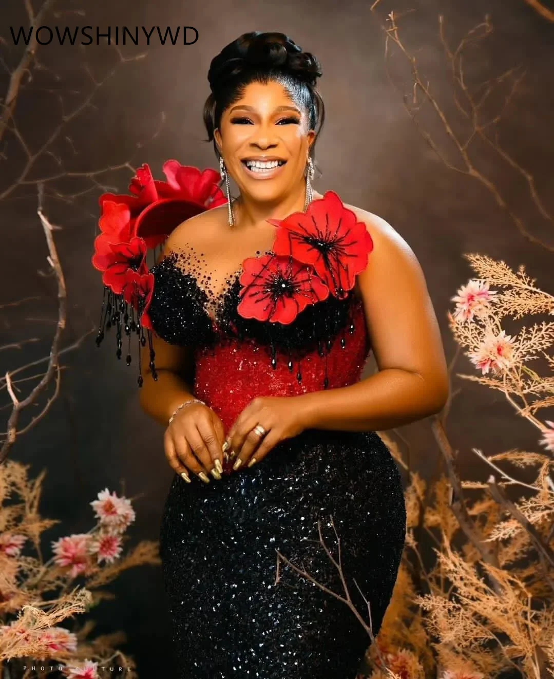 Aso Ebi Style Luxury Beaded Prom Dresses Unique Design Black and Red Sequins African Wedding Party Dress 3D Flowers Evening Gown