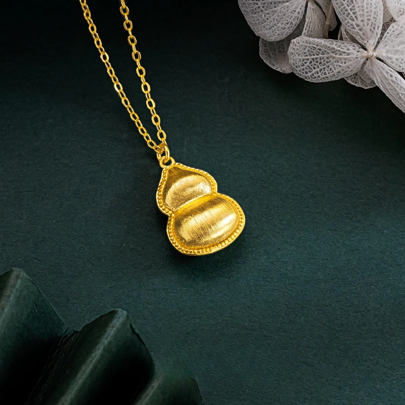 Fine K18 Gold Colol Brushed Gourd Chain Pendant for Women O Chain Clavicle Necklace Birthday Valentine's Day Gifts
