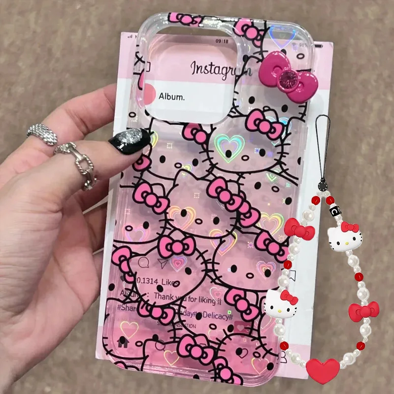 Sanrio Hello Kitty Bow pantalla completa KT gradiente funda de teléfono para iPhone 16 15 14 13 12 11 Pro Max XR XS Max 78 Plus MiNi Y2K