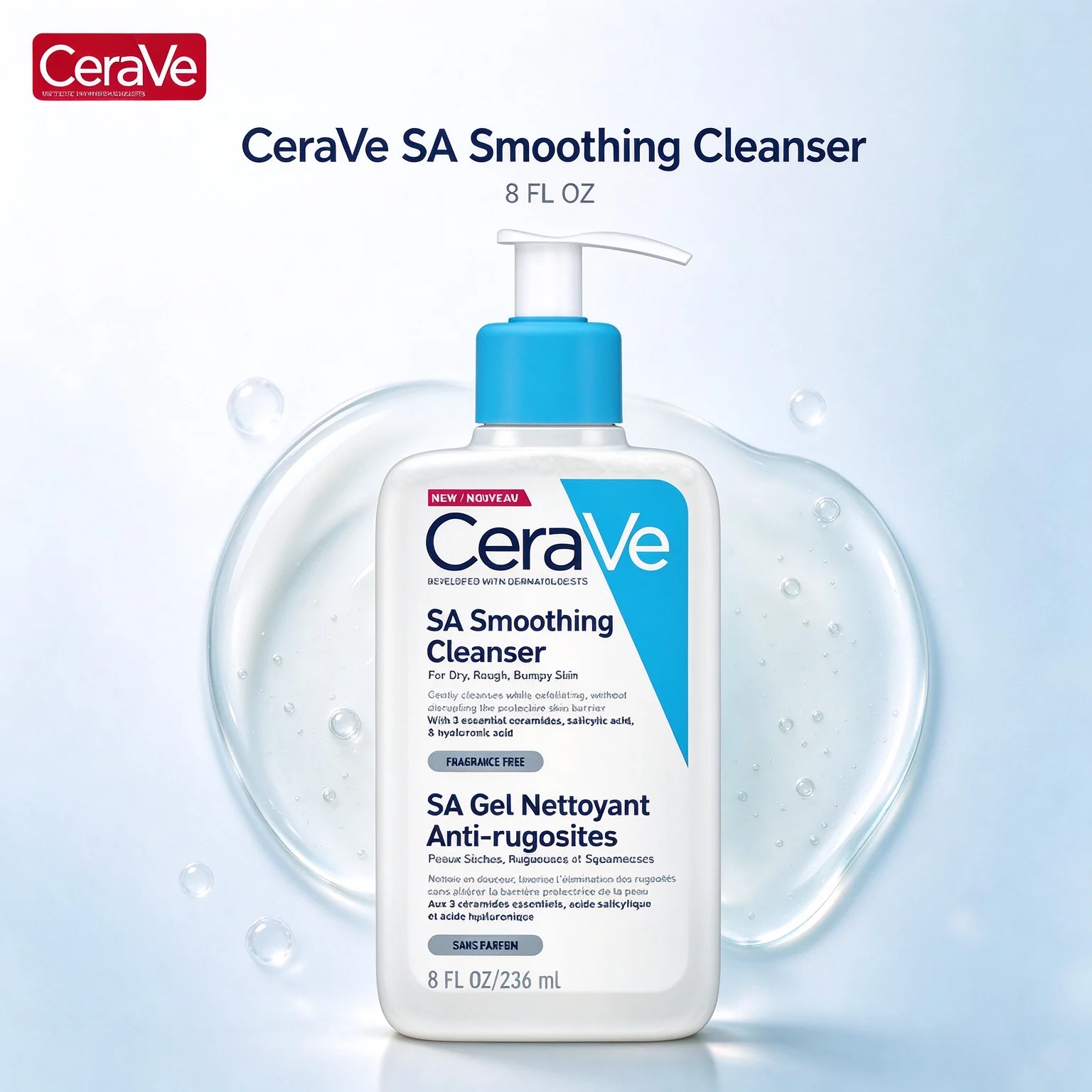 CeraVe SA Smoothing Cleanser, Fragrance Free Gel Nettoyant Anti-rugosités for Dry Rough Bumpy Skin 8 FL OZ (236ml)