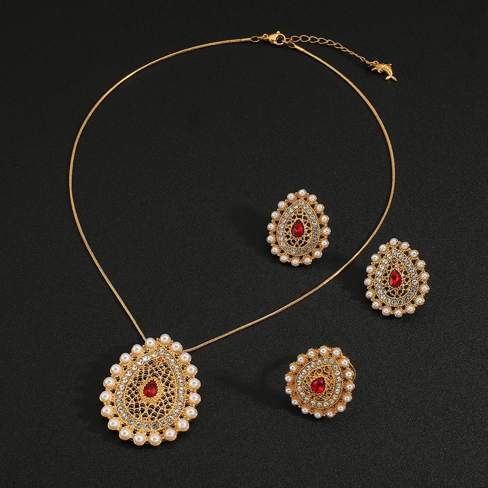 Hot Arabian Style Pearl Geometric Pendant Necklace Earrings Ring 3 Piece Set Classic Banquet Wedding Jewelry Set Birthday Gift