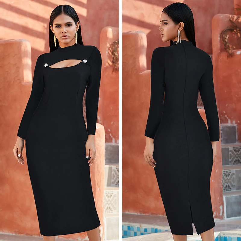 Sexy Hollow Slit Women Long Sleeve Bandage Party Dress Out Black Club Celebrity Evening Dresses Robe