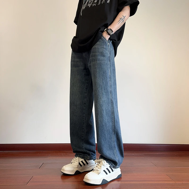 American retro high street jeans men's straight loose fitting blue distressed street pants cargo pants men streetwear clothing